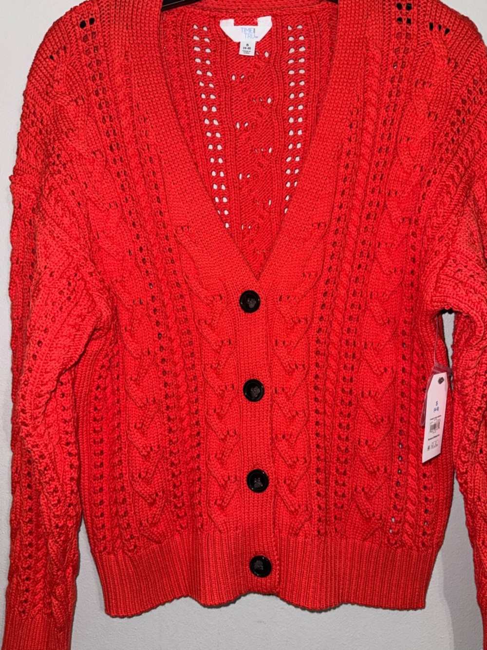 Time and Tru Red Cable-Knit Button Cardigan Sweater Small BNWT - Picture 2 of 6